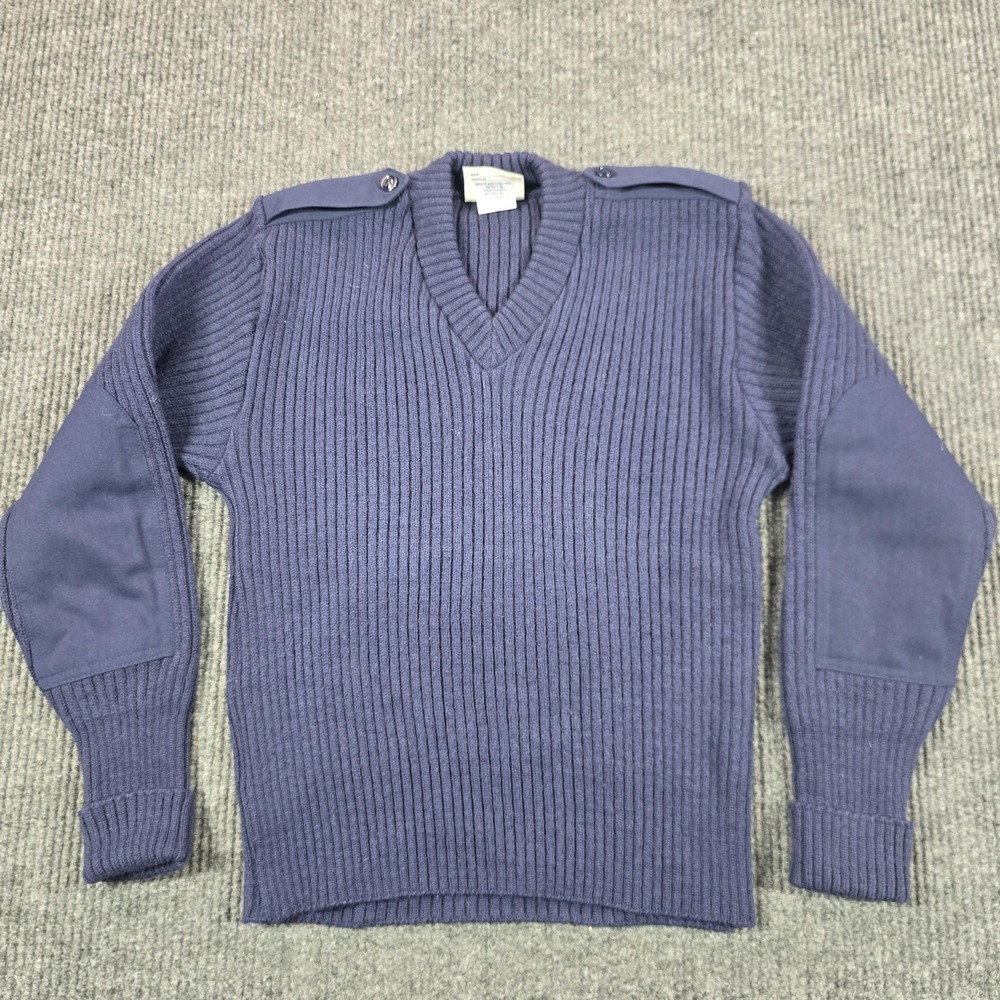 DSCP Sweater Mens 36R Small‎ Blue Wool V Neck Commando Military Elbow Patch Work